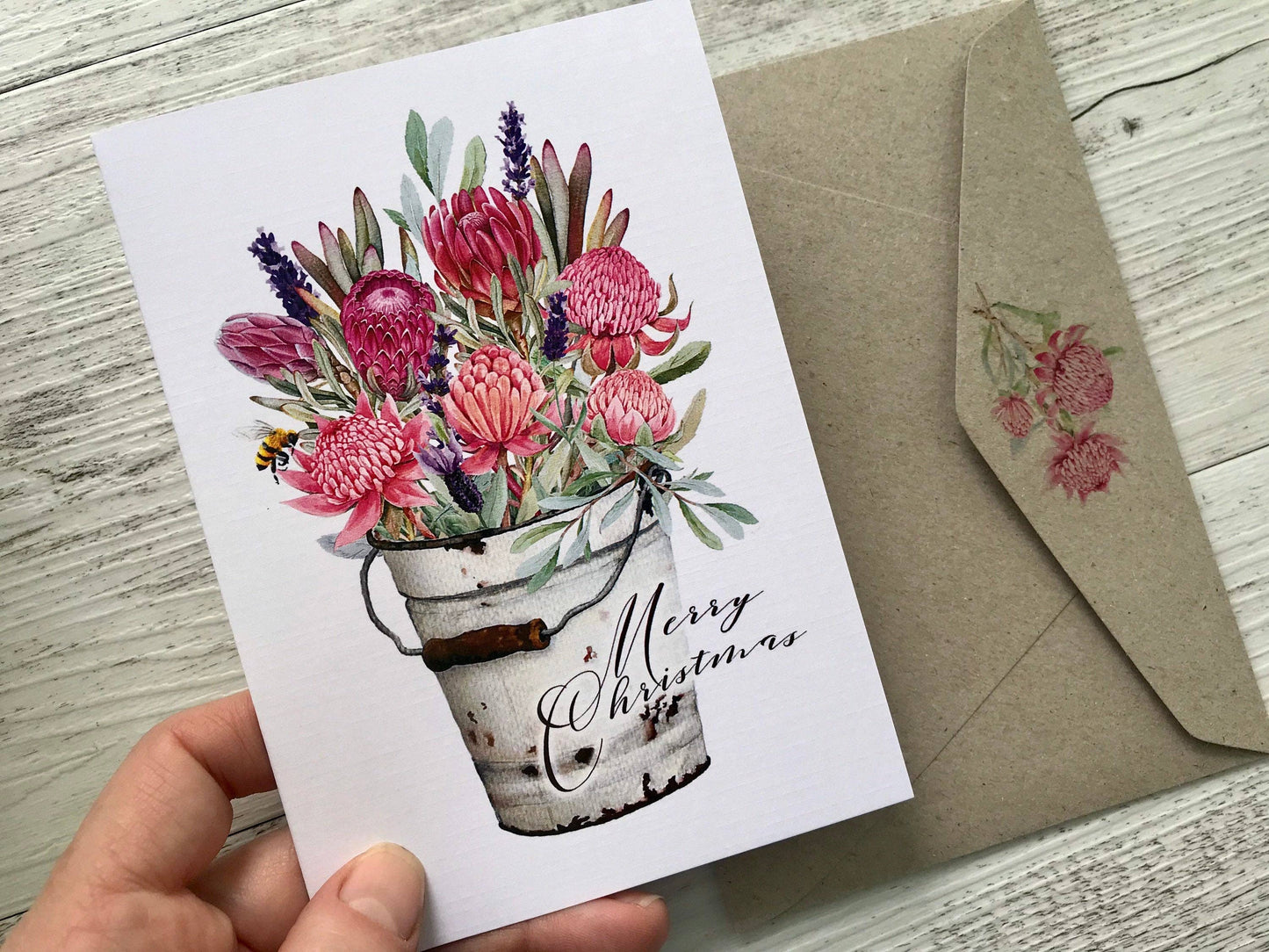 AUSTRALIAN WARATAHS in Tin Bucket Cards - Christmas or Blank: Merry Christmas / 1 Regular Card