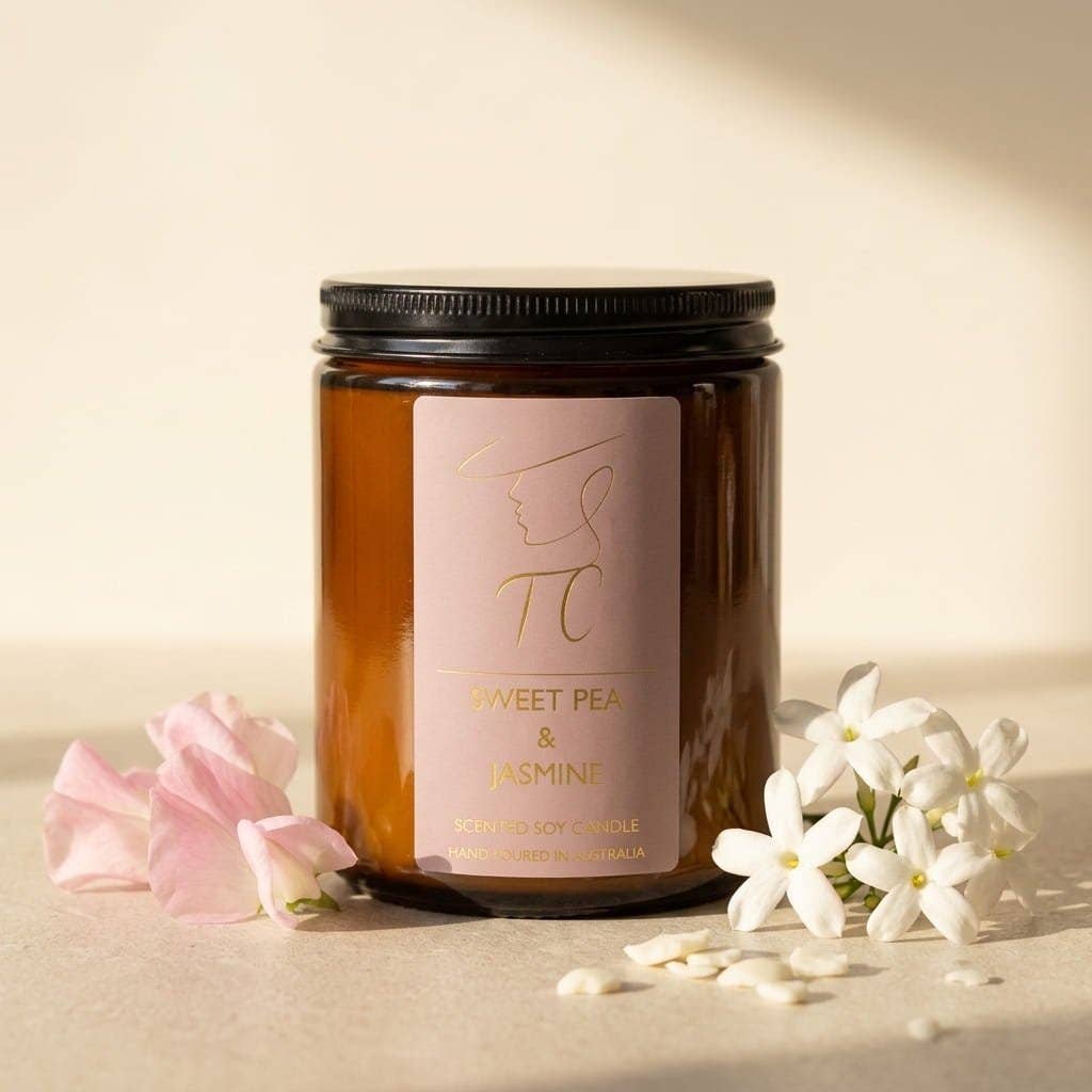 Sweet Pea & Jasmine Soy Candle, Amber Glass Jar: Large