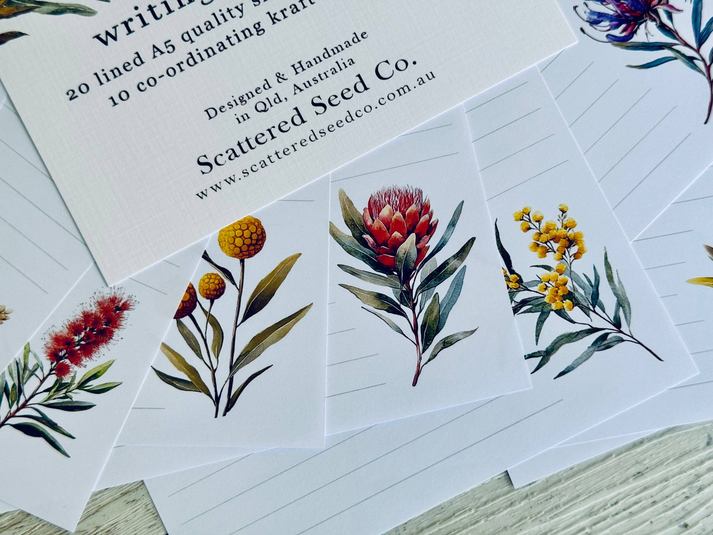 AUSTRALIAN Native Floral Letter Writing set: 12 Pages & 6 envelopes / Lined paper