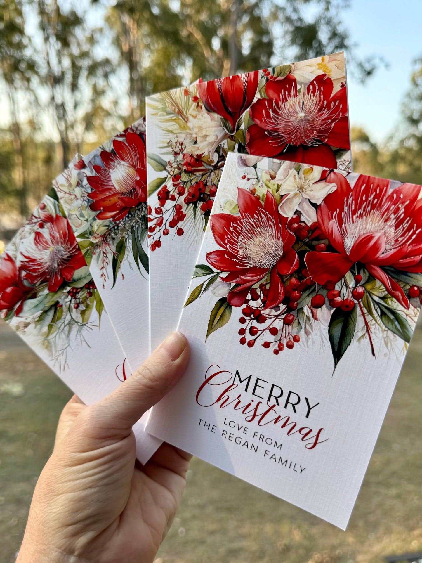 AUSTRALIAN Red FLORAL Christmas Cards - 4 assorted designs: Set of 4 bagged as a set