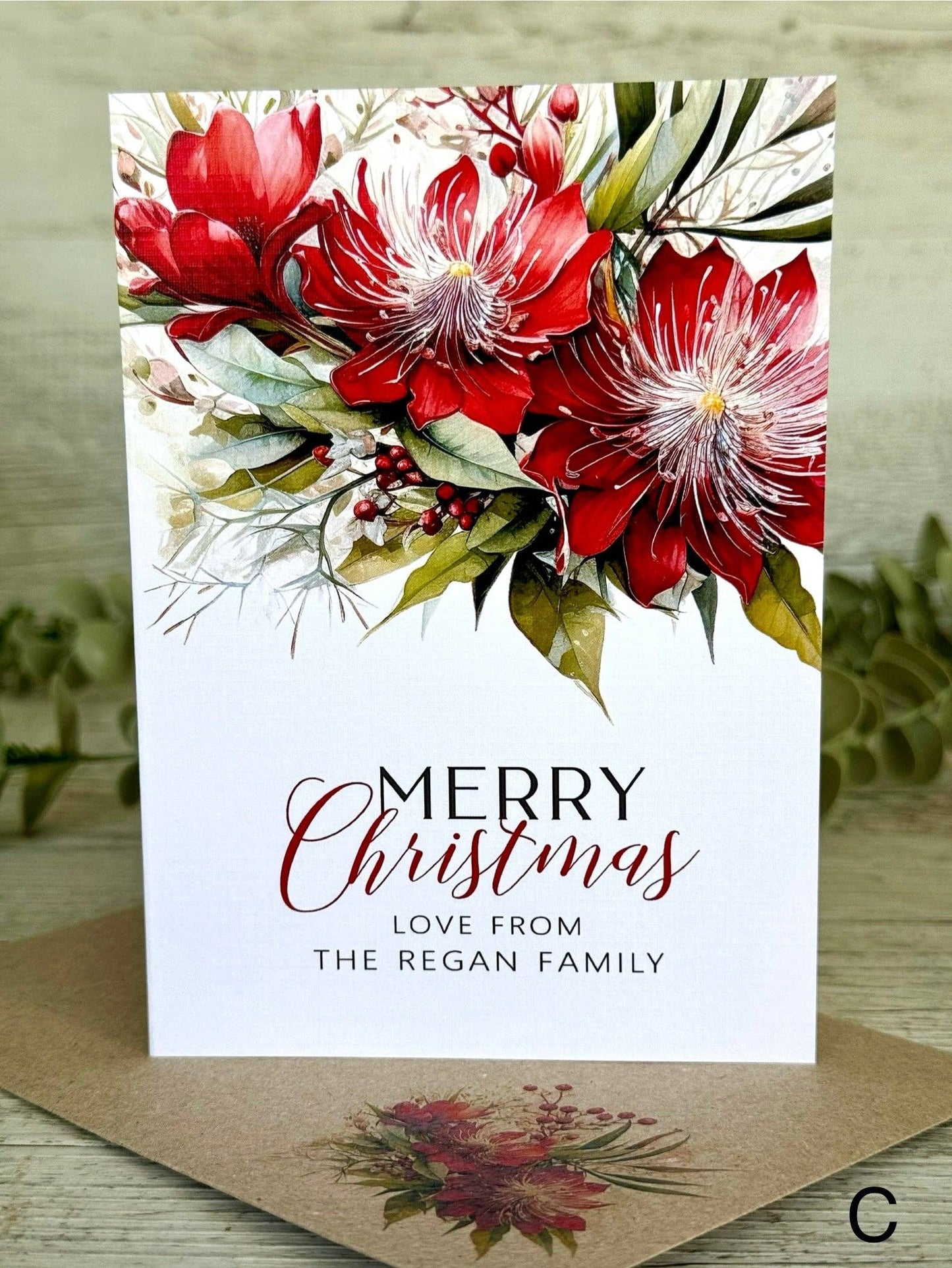 AUSTRALIAN Red FLORAL Christmas Cards - 4 assorted designs: Set of 4 bagged as a set