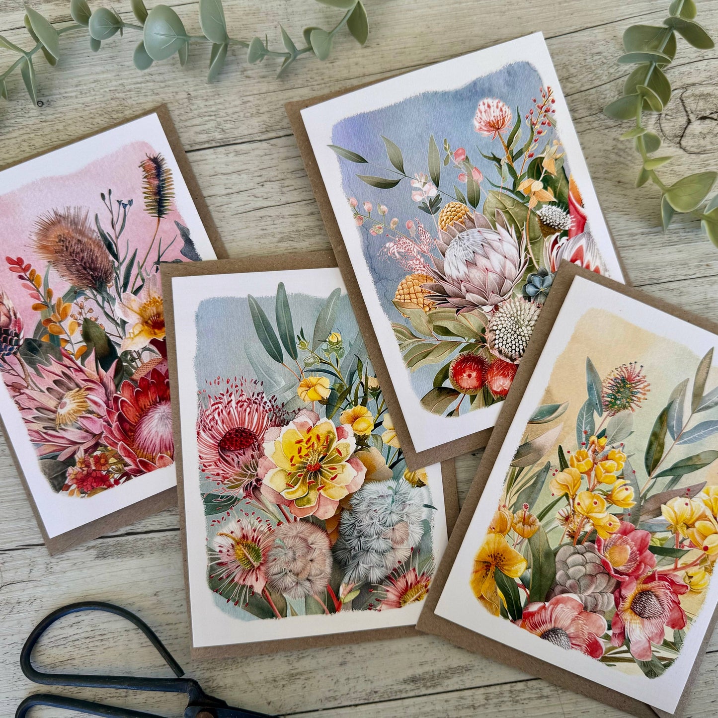 AUSTRALIAN FLORALS with borders Blank cards set of 4: All 4 cards please