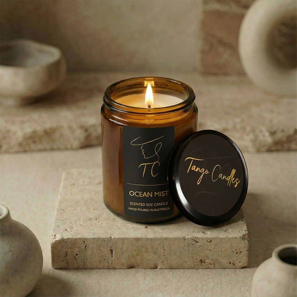 Ocean Mist Soy Candle, Amber Glass Jar: Small