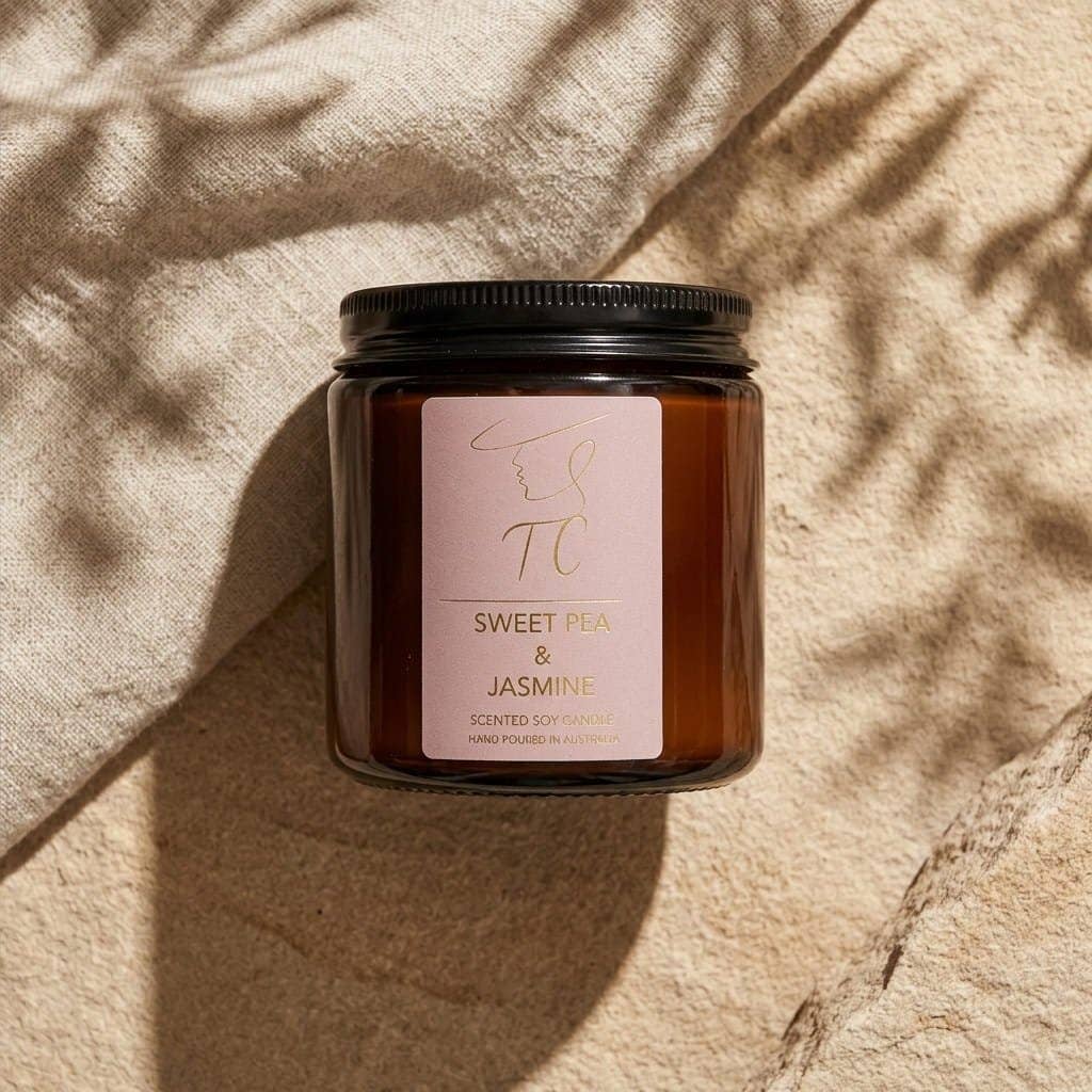 Sweet Pea & Jasmine Soy Candle, Amber Glass Jar: Small