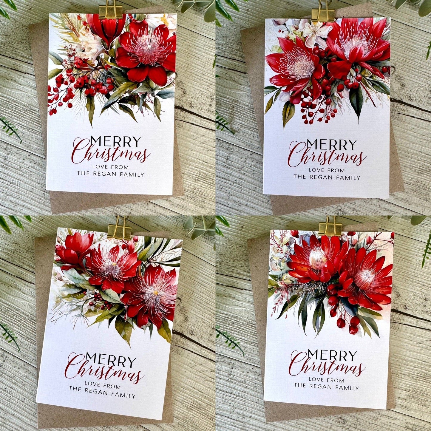 AUSTRALIAN Red FLORAL Christmas Cards - 4 assorted designs: Set of 4 bagged as a set