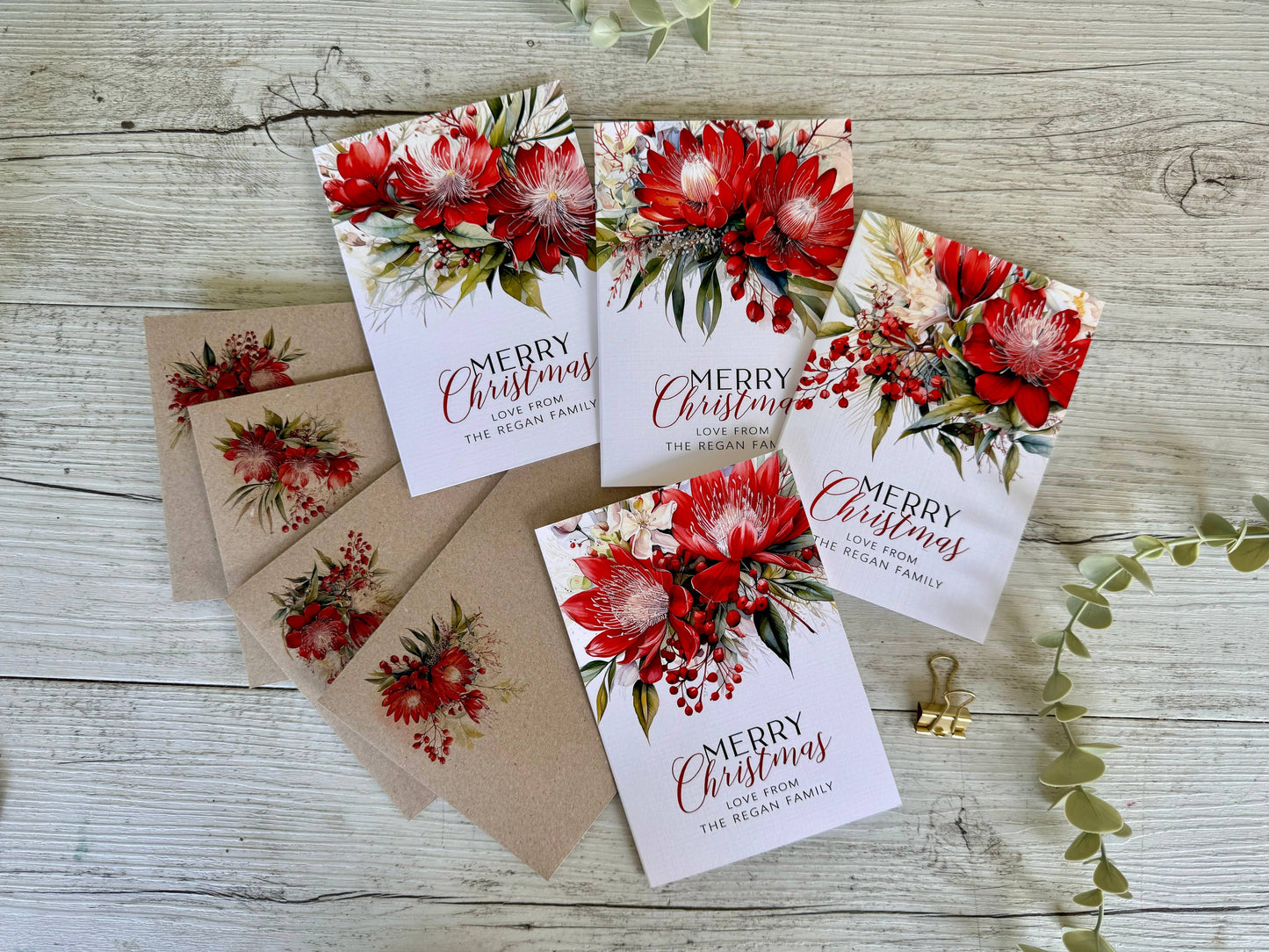 AUSTRALIAN Red FLORAL Christmas Cards - 4 assorted designs: Set of 4 bagged as a set