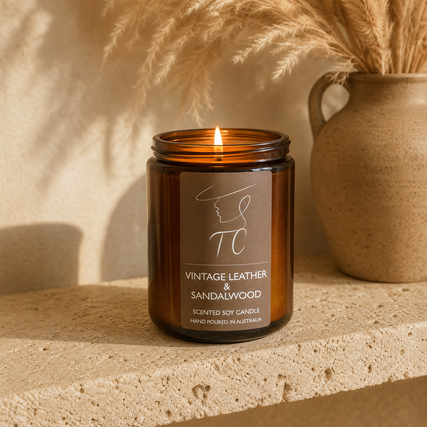 Vintage Leather & Sandalwood Soy Candle, Petal Amber Jar: Small