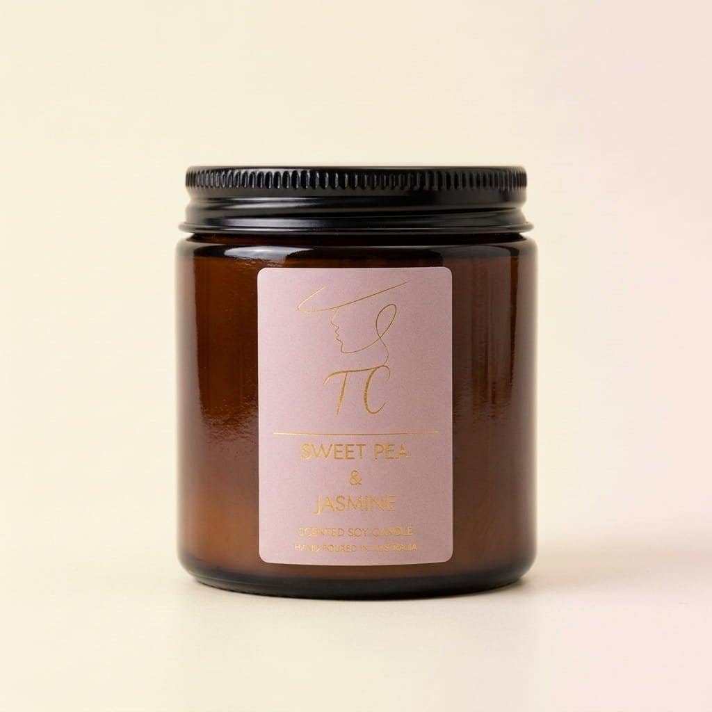 Sweet Pea & Jasmine Soy Candle, Amber Glass Jar: Large