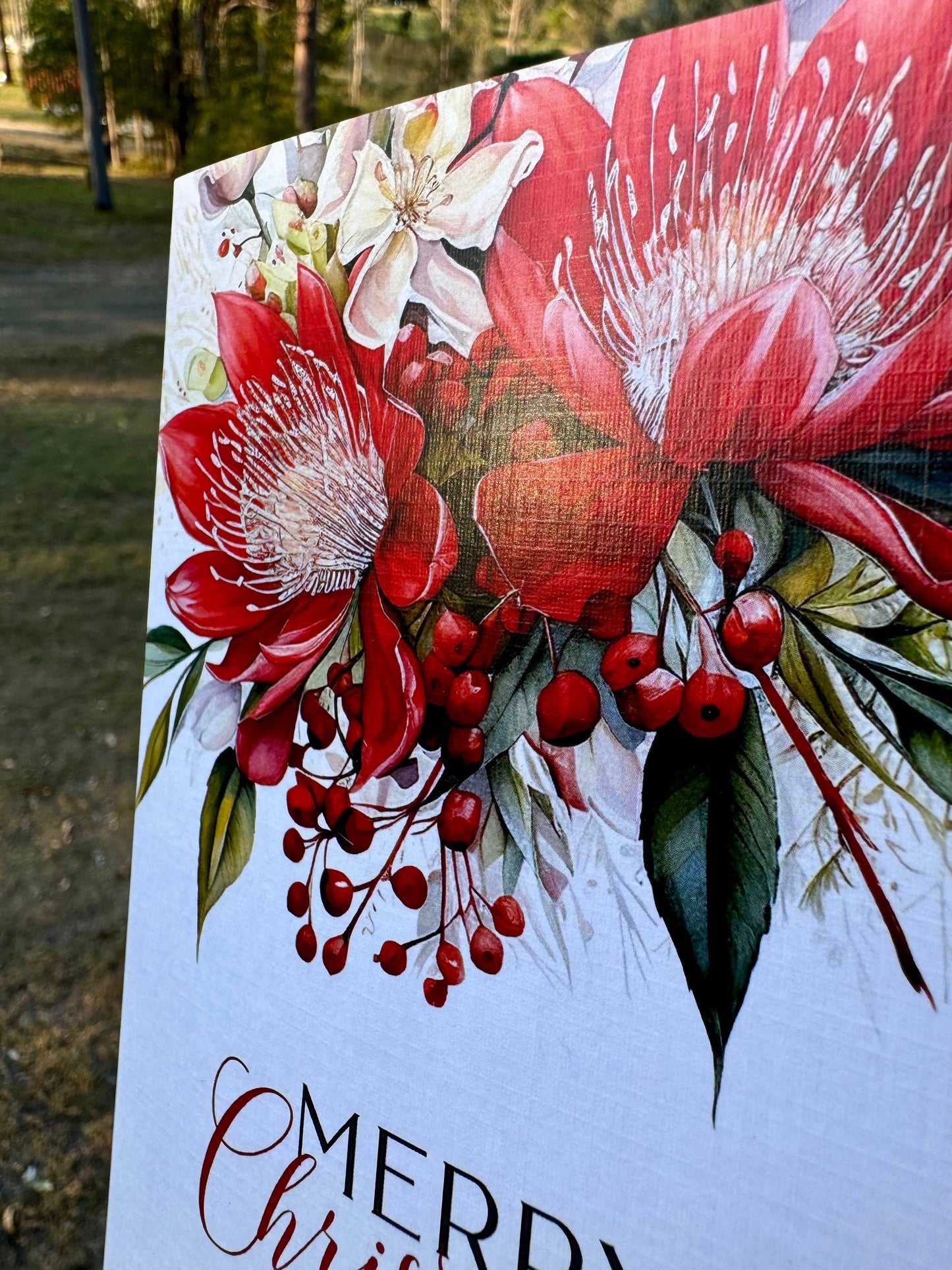 AUSTRALIAN Red FLORAL Christmas Cards - 4 assorted designs: Set of 4 bagged as a set