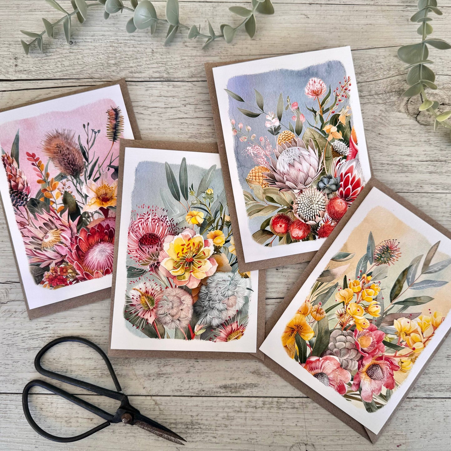 AUSTRALIAN FLORALS with borders Blank cards set of 4: All 4 cards please
