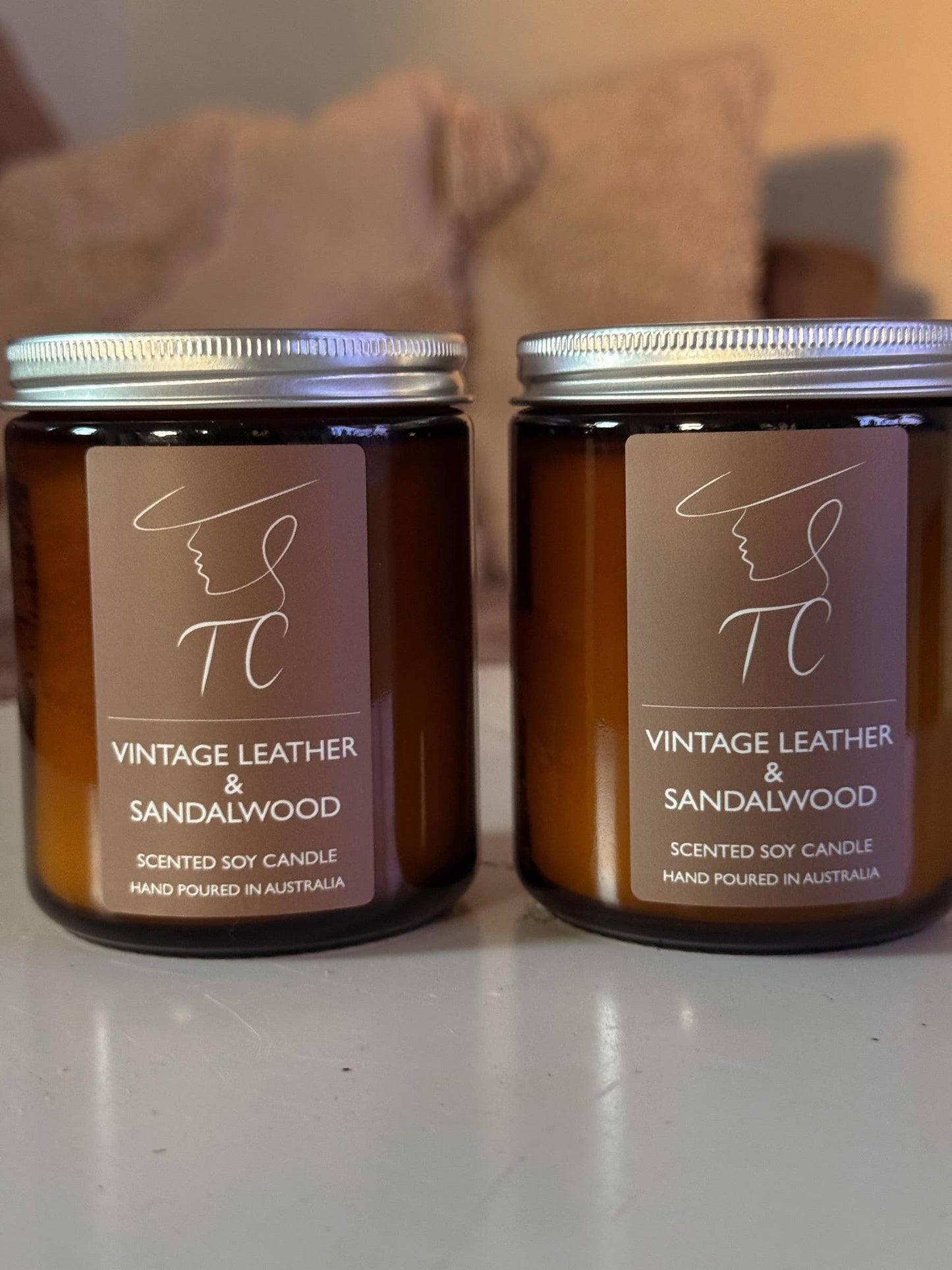 Vintage Leather & Sandalwood Soy Candle, Petal Amber Jar: Small