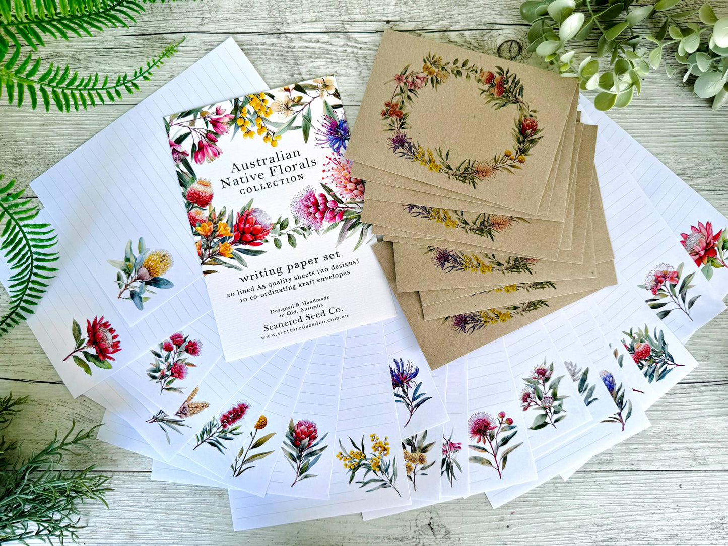 AUSTRALIAN Native Floral Letter Writing set: 12 Pages & 6 envelopes / Lined paper