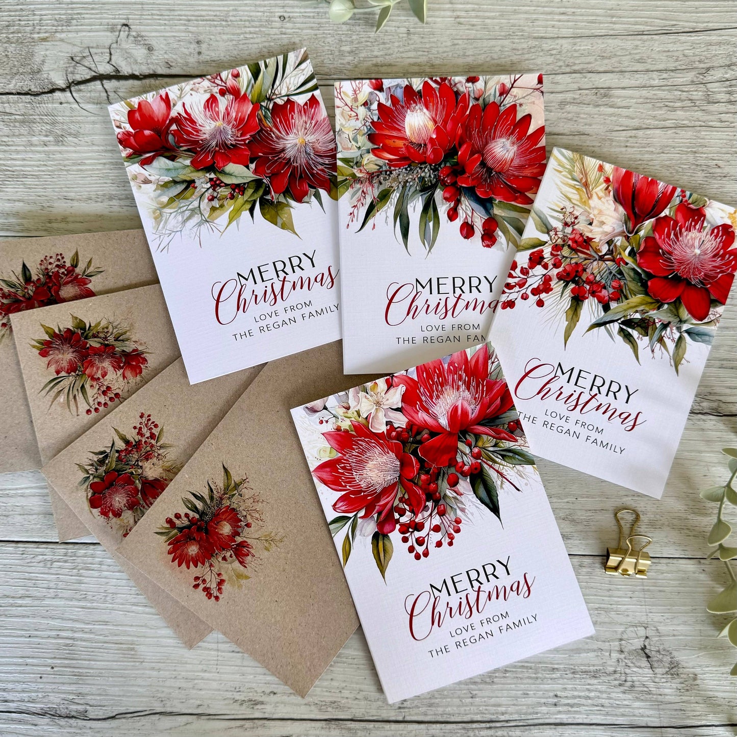 AUSTRALIAN Red FLORAL Christmas Cards - 4 assorted designs: Set of 4 bagged as a set