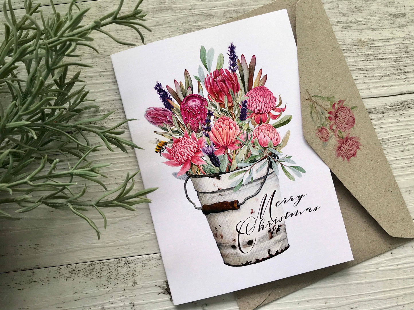 AUSTRALIAN WARATAHS in Tin Bucket Cards - Christmas or Blank: Merry Christmas / 1 Regular Card